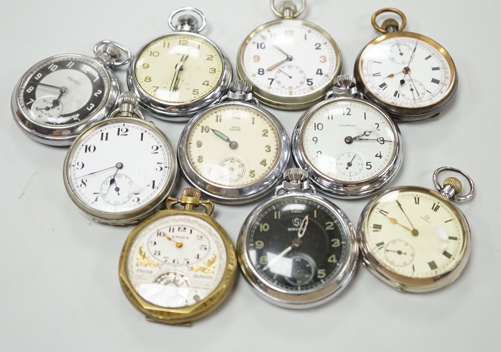 Ten assorted base metal pocket watches including Frenca, Smiths and gun metal.